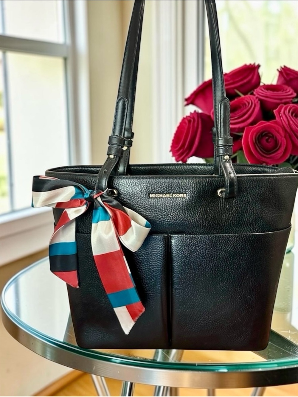 Michael Kors Bedford Medium Black Pebbled Top Zip Leather Pocket Tote NWOT